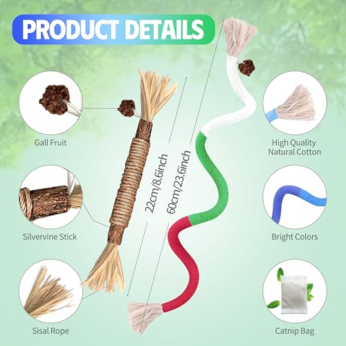 Silvervine Sticks Cat Chew Toys for Indoor Cats Dental Care Teeth Cleaning, Natural Kitten & Cat Teething Toys for Health, Catnip Toys Cat Chew Rope Suitable for All Breeds of Aggressive Chewers Cat - size: 3Pcs Chew Rope+3Pcs Silvervine Sticks