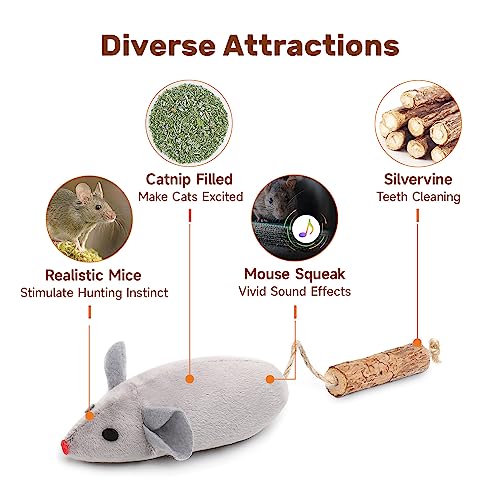 Potaroma Cat Toys: 3pcs Squeak Mice Interactive Catnip Silvervine Animals - size: 8.0 Inches