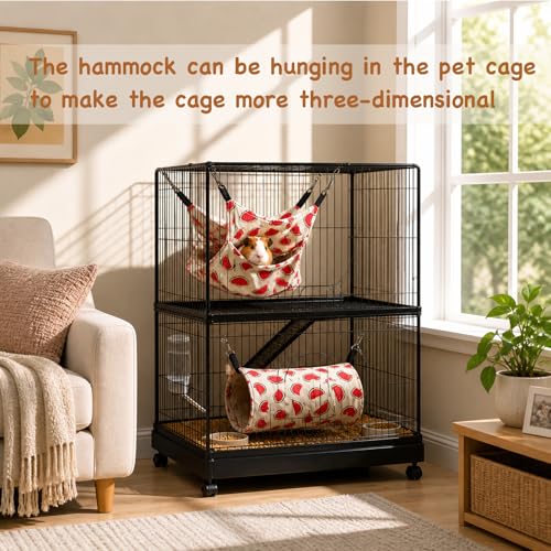 Small Animal Hammock and Tunnel Set, 3-Tier Hanging Hideout - color: Watermelon