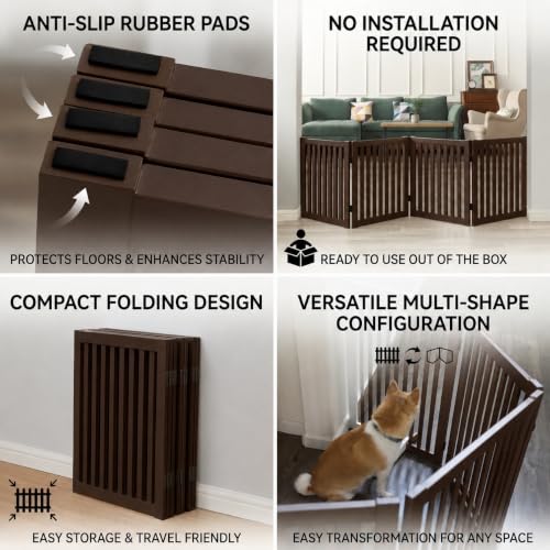 WELLAND Freestanding Pet Gate 4 Panel Wooden Step Over Dog Gate - color: Espresso, size: 4 Panel 80" Wide