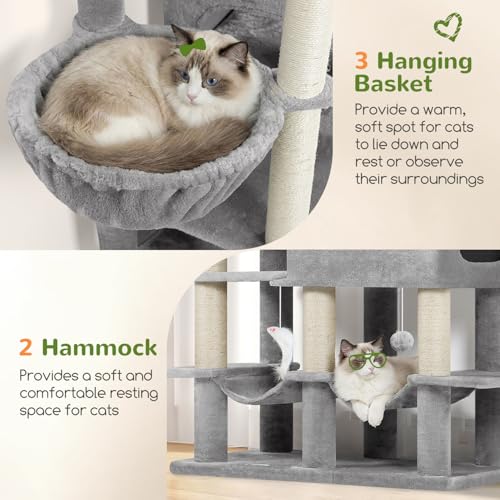 Globlazer 81in Multi-Level Larger Cat Tree Tower Condo Indoor Furniture Activity Center with Oversized Plush Cat Bed/Baskets/Full-Sisal Scratching Posts and Hammock/S81/Light Gray - color: Light Gray, size: 81 Inch