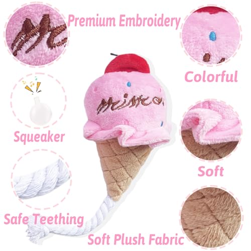 4-Pack Squeaky Plush Dog Toys for Small Dogs – Puppy Toys Gift Set, Soft Chew Toys for Chihuahua, Yorkie, Poodle | Pink Themed (Strawberry, Star, Ice Cream, Lollipop)