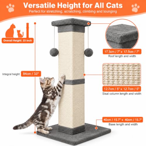 Cat Scratching Post 33 Inch Nature Sisal Scratch Post for Indoor Cats, Large Cat Scratcher Protect Your Furniture, for All Breeds Grey - color: Grey