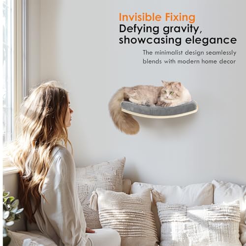 Curved Cat Shelves and Perches, Floating Cat Wall Bed with Comfortable Cushion - color: Wood Shelf+Grey Cushion