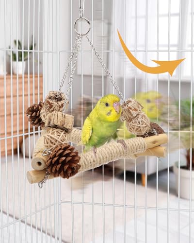 Hypeety Bird Swing for Cage Sisal-Wrapped Wooden Perch with Chew Toys