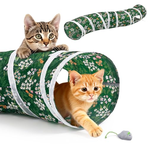 Glittme S-Shape Cat Tunnel, Foldable Cat Tunnels for Indoor Cats - color: Green Flowers
