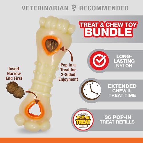 Nylabone Power Chew Knuckle Bone & Pop-in Dog Treat Toy & 30 Treat Refills - size: Large