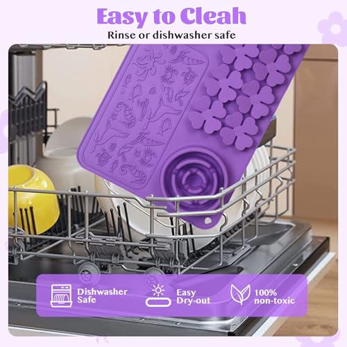 Silicone Lick Mat for Dogs & Cats – Slow Feeder Dog Bowl, Non-Slip Licking Mat for Large & Small Breeds, Puzzle Feeder & Snuffle Mat for Fast Eaters, Interactive Pet Food Mat with Measuring Spoon - color: Purple With Spoon