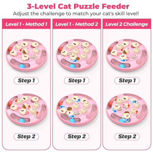 Cat Puzzle Feeder Toy, 3 in 1 Interactive Slow Feeder for Cats, Pink - color: Pink