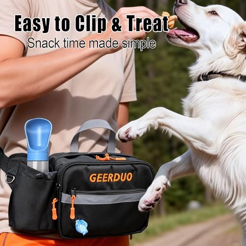 Dog Treat Pouch for Training & Walking, 2-in-1 Fanny Pack with Built-in Poop Bag Dispenser & Water Bottle Holder, 3-Way Carry Waist Belt (28-48"), Waterproof & Reflective for Hiking & Running
