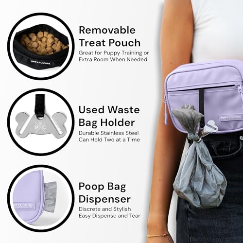 Pup Culture Dog Treat Pouch with Poop Bag Dispenser and Removable Treat Pouch | Cross Body Dog Walking Bag | The Perfect Puppy Training Tool and Even Better Gift - color: Lavender