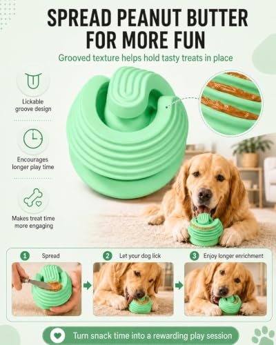 Dog Ball for Aggressive Chewers, Natural Rubber Durable Treat Dispensing Dog Toy Ball with Peanut Butter Grooves, Interactive Dog Food Ball for Medium Large Dogs,Green - color: Green