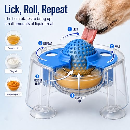 Dog Lick Bowl for Liquid Treats, Dog Lick Ball with Fixed Rolling Ball, 220ml PP Slow Feeder with 3 Suction Cups for Bone Broth Yogurt Supplements, Blue
