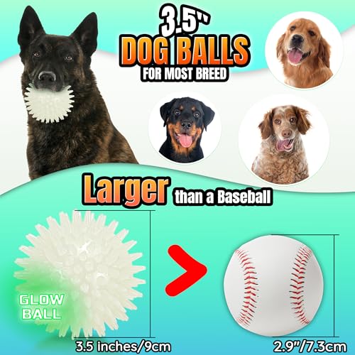 LECHONG 6-Pack Glow in The Dark Squeaky Dog Balls, 3.5” Spiky Dog Toy Balls, Durable Glowing Rubber Fetching Ball for Medium & Large Dogs Nighttime Playing Indoors & Outdoors - size: Medium-6 Packs