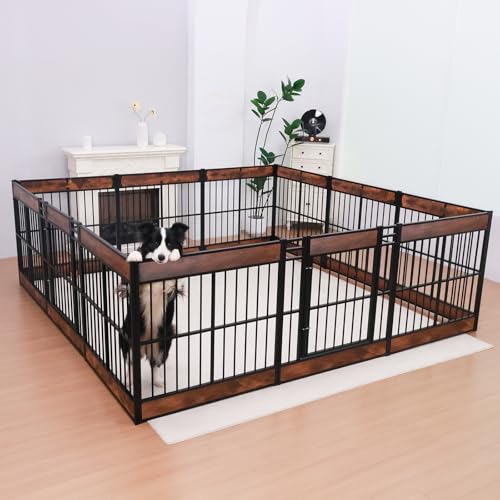 Large Furniture Style Dog Playpen, 32" H Dog Pen with Door, 12 Panels - color: Rustic Brown, style: 12 Panels (31.5" High)