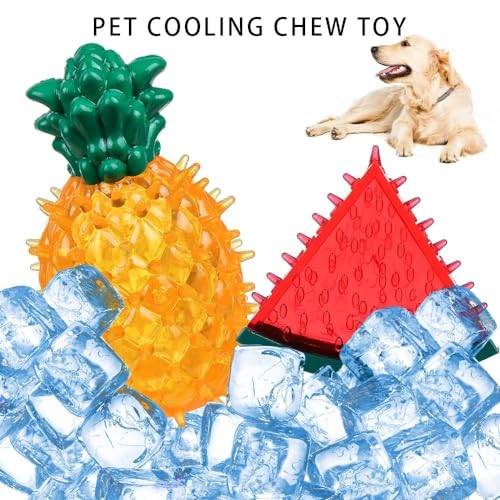 HomeSoGood 3Pcs Dog Cooling Chew Toys,Cooling Teething Toy for Puppies,Summer Interactive Squeaky Toys,Small and Medium Pet Treat Training Tools,Watermelon Pineapple Fruits Shape Teething Toys
