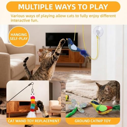6 pc Interactive Hanging Cat Toy, Self Play Kitten Toys for Indoor Kittens Retractable Bouncing Cat Bird Toy & Cat Feather Toy Attachments Hands-Free Cat Toy Wand Teaser Toys with Feathers