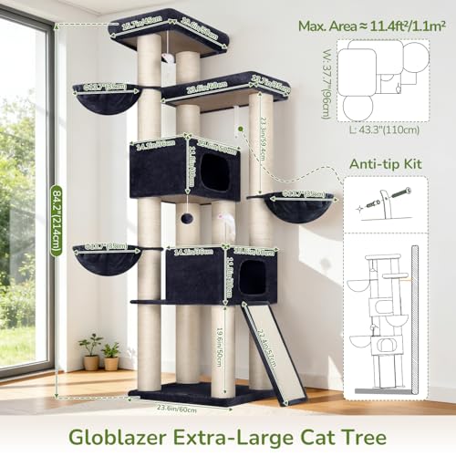 Globlazer 84" Multi-Level Large Cat Tree Tower with Extra Thick Full Sisal Scratching Posts, 2 Cat Condos, 3 Hanging Baskets, 2 Extra Large Platforms & Cat Scratching Ramp,S84, Dark Gray - color: Dark Gray, size: 84 Inch