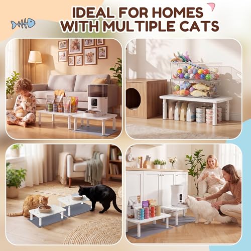 Dreyoo 2 Set Adjustable Cat Food Stand, White,Gray Mat - color: White