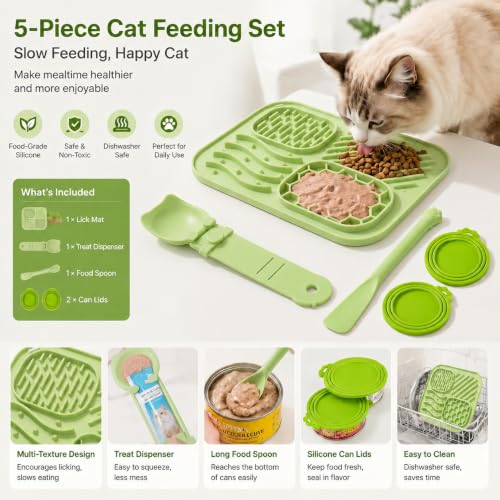AZY Cat Lick Mat, Slow Feeder Mat, Wet Food Spoon, Treat Dispenser, 5PCS - color: green