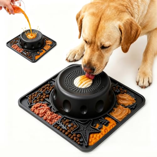 Dog Licking Slow Feeder Bowl with Rolling Ball Anti-Gulping, 2 in 1 Dog Non-Slip Lick Mat, Edible Silicone for Wet Food, Yogurt, Bone Broth, Nutrient Solution Black - color: Black, size: Single