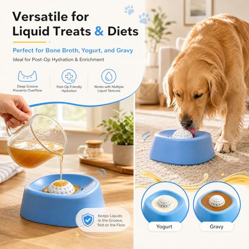Dog & Cat Lick Bowl Slow Feeder with Rolling Ball, No-Spill Liquid Bowl for Bone Broth, Yogurt, Wet Food, Post-Op Liquid Diet, Calming Enrichment Toy for Dogs, Cats, Rabbits and Small Pets