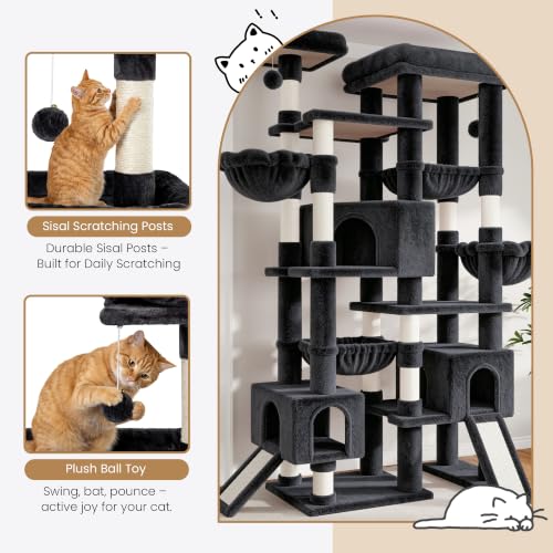SHA CERLIN 87 in Multi-Level Tall Cat Tree Tower for Large Cats/Extra Wide Feline Activity Center/Sisal Scratching Posts/Wide Base/Cozy Plush Perches/Baskets/Hammocks/Toy Balls/Dark Grey - color: Dark Grey