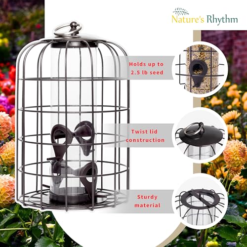 Nature's Rhythm Outdoor Hanging Bird Feeder Cage PC Tube Squirrel Proof Wild Bird Feeder with Large Metal Seed Guard Deterrent Green - size: PC Tube Bird Feeder