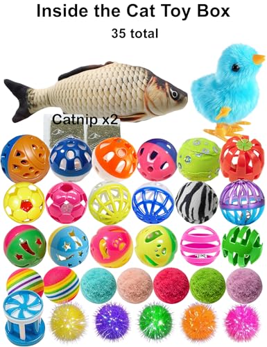 35-Pack Jingle Balls Catnip Fish Wind-Up Chick for Kittens - size: 1.5'' - 8.3'', 35-Pack