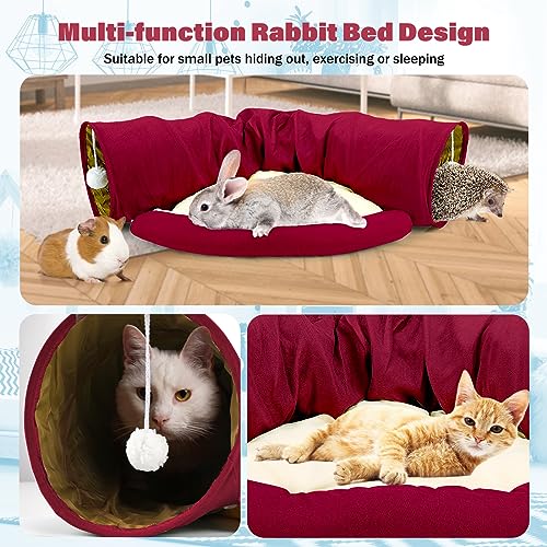 BWOGUE Bunny Tunnel Bed, 2-in-1 Collapsible Rabbit Tunnel Hideout with Mat - color: Red