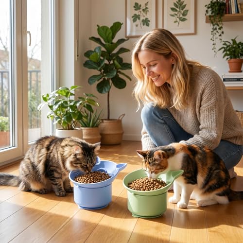 2 Pack Elevated Slow Feeder Cat Bowl for Dry and Wet Food, Silicone Cat Slow Feeder, Tilted Design with Non Slip Base for Digestion Anti Vomit, Adjustable Angle (Green, Blue)