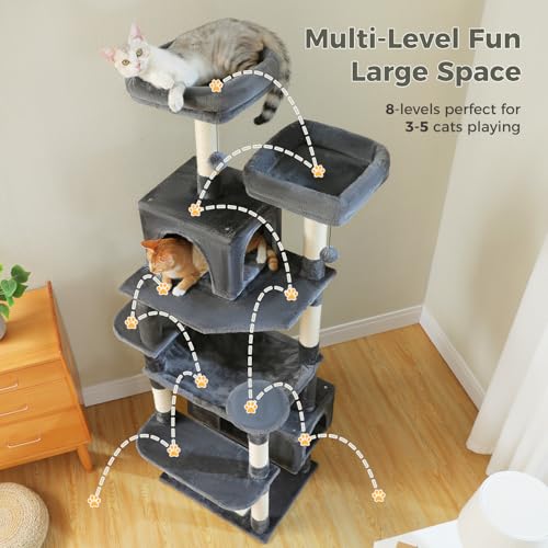 PAWZ Road 72" Cat Tree, Tall Cat Tower with Hammock& Condos for Large Cats - color: Dark Gray, size: 72"