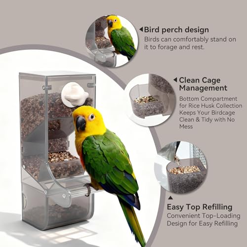AOTU Automatic No Mess Bird Feeder for Cage - Crack-Resistant Plastic Bird Cage Seed Catcher Clear Bird Cage Feeder for Small Medium Birds Parrots Cockatiels Parakeets Conures Canaries (Light Gray) - color: Light Gray