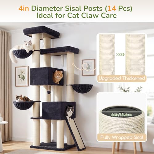 Globlazer 84" Multi-Level Large Cat Tree Tower with Extra Thick Full Sisal Scratching Posts, 2 Cat Condos, 3 Hanging Baskets, 2 Extra Large Platforms & Cat Scratching Ramp,S84, Dark Gray - color: Dark Gray, size: 84 Inch