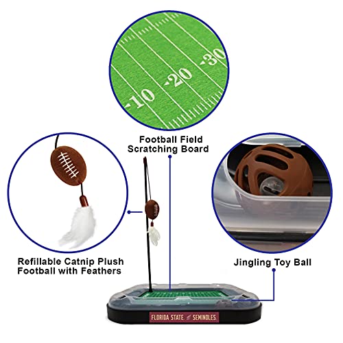Pets First 5-in-1 Cat Toy: Interactive Cat Scratcher with Catnip Filled Plush Football & Feathers - color: Florida State Seminoles, size: Football Field