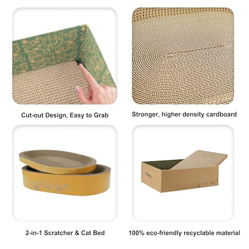 Comoney Cat Scratcher Bed 3 Pack, Oval Corrugated Cardboard Cat Scratch Pads for Indoor Cats with Grooming Brush, Round Cat Scratching Board Lounge Furniture Protector - size: 17.7" x 12.6" x 5.4"