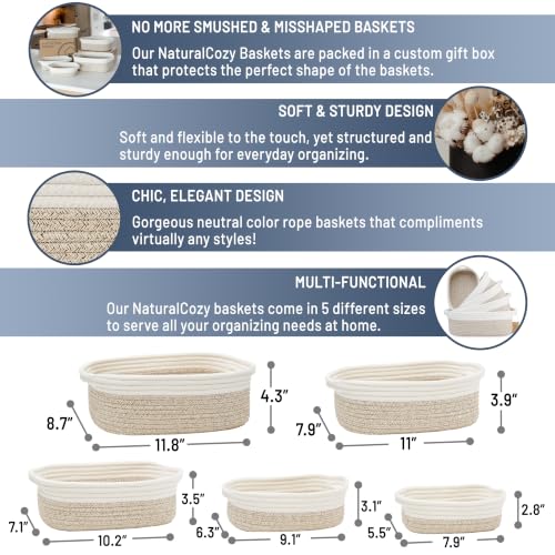 NaturalCozy 5-Piece Rectangle Storage Basket Set- Natural Cotton Rope Woven Baskets for Organizing! Small Basket for Montessori, Baby Nursery, Dog Toy Baskets, Cat Toy Box, Bathroom Organization Bin - color: Off White & Mixed Brown