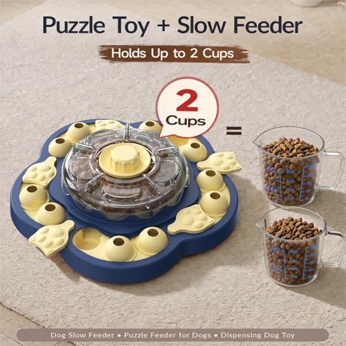 KADTC 3-Level Dog Puzzle Toy, Spin to Release Treat Dispenser & Slow Feeder - color: Sunflower Blue