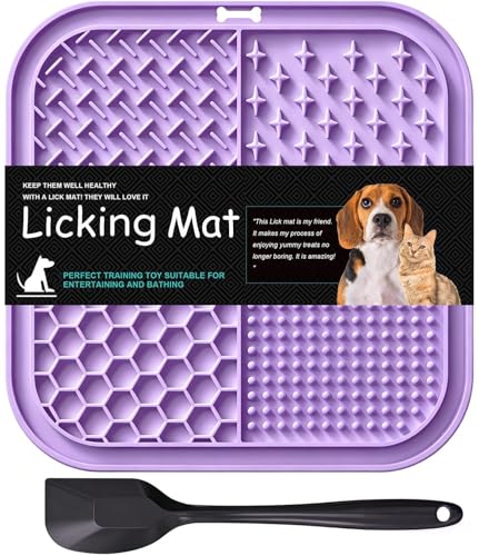 Licking Mat for Dogs & Cats with Suction Cups, 1 Pack Square Dog Slow Feeder Lick Pat for Anxiety Relief & Boredom, Dog Toys to Keep Them Busy, Pets Bathing Training Grooming Mat 7.8 * 7.8inches - color: 1Pack-Purple