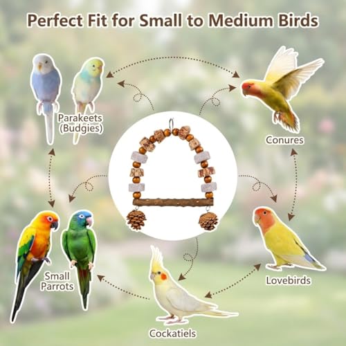 Natural Wood Bird Swing Toy for Parakeets Cockatiels, Parrot Hanging Perch with Chewing Pine Cones & Beak Grinding Pumice Stone, Bird Cage Accessories for Conure Lovebirds Budgies - Boredom Relief - color: Natural Wood-A