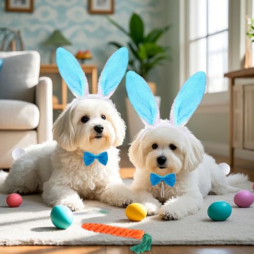 4Pc Dog Easter Costume Set Bunny Ears Headband Bowtie Tail Chew Toy - color: Blue