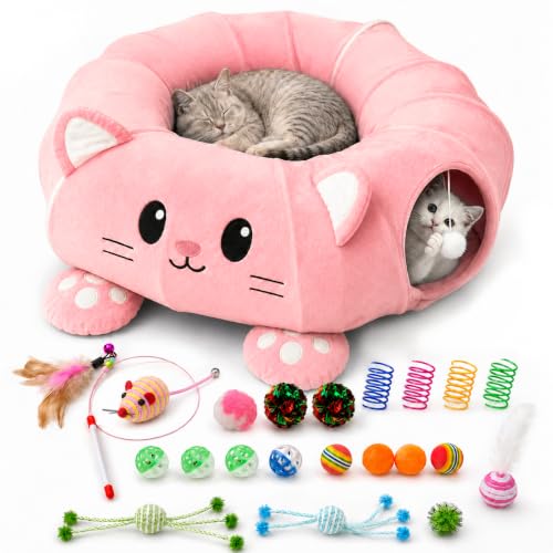 Cat Tunnel Bed with 21 Interactive Toys - color: Pink, Kitten Pattern