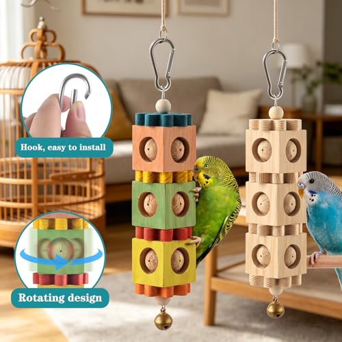 2 Pack Bird Chew Toys for Beak Grinding, Hanging Rotating Wood Block with Bell Parrot Foraging Enrichment Toy for Small to Medium Cocktiel, Conure, Caique