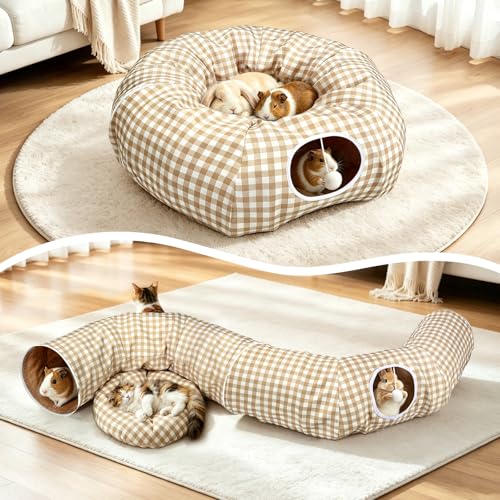 3-in-1 Bunny Tunnel Bed,Collapsible Rabbit Tunnel Toy,Portable Playground - color: YellowPlaid