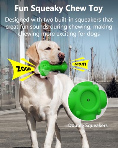 SCHITEC Squeaky Dog Chew Toy for Aggressive Chewers Large Breed, Tough Interactive Teething Rubber Bone for Big Medium Dogs - color: Green