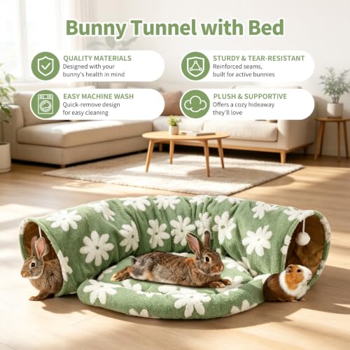 BWOGUE Bunny Tunnel Bed, 2-in-1 Collapsible Rabbit Tunnel Hideout with Mat - color: Flower Green