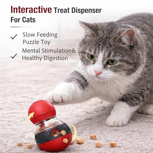 Cat Treat Dispensing Toy Kitten Puzzle Feeder & Food Dispenser Ball - Cat Enrichment Toys for Indoor Cats Kitty Stimulating Tous - Red