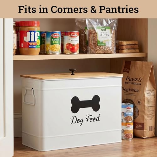 Metal Dog Food Container 15-20 lbs w/ Airtight Bamboo Lid, 70 Cup Capacity - color: White: Bone