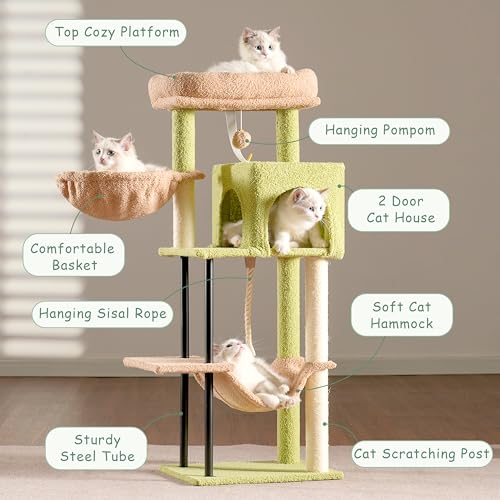 Gitelsnour Cat Tree, 43.3'' Cat Tower with Hammock for Kittens GCT004SGY - color: Green and yellow, size: 43.3 inches