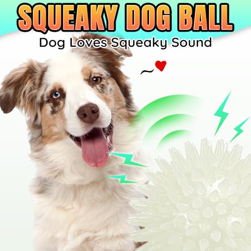 LECHONG 6-Pack Glow in The Dark Squeaky Dog Balls, 3.5” Spiky Dog Toy Balls, Durable Glowing Rubber Fetching Ball for Medium & Large Dogs Nighttime Playing Indoors & Outdoors - size: Medium-6 Packs